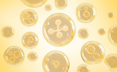 Abstract 3d yellow background with gold collagen cell pattern. Skin care cosmetic product texture. Render of oil bubbles with molecule, liquid vitamin serum or clear essence drops. 3D illustration