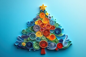 handmade christmas tree artwork created with colorful paper strips in the craft of paper quilling,...