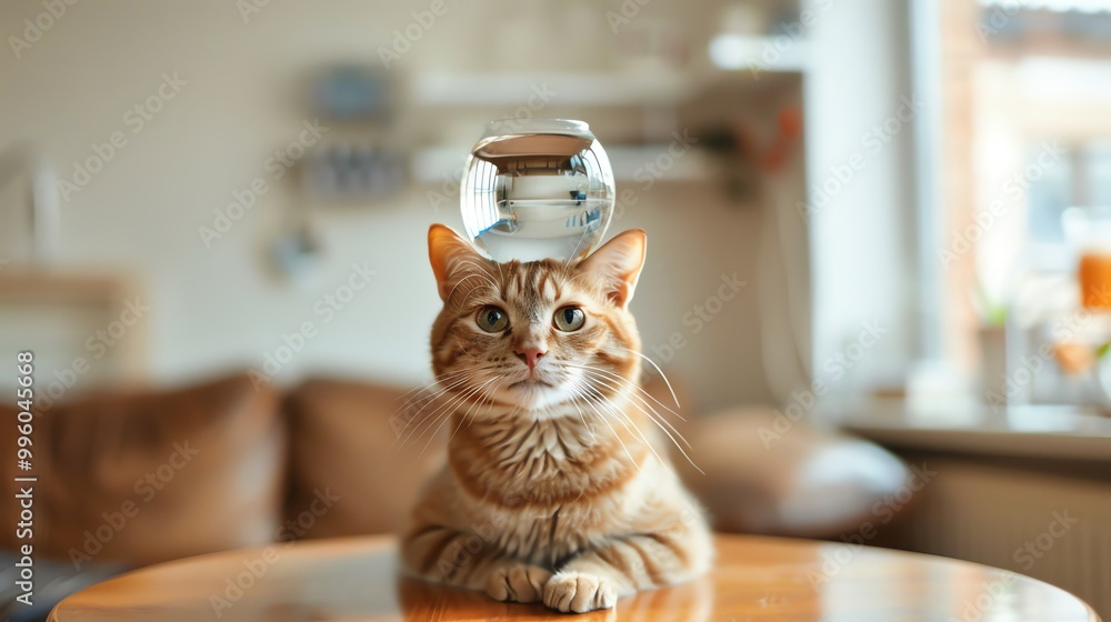 Wall mural A ginger cat sitting on a table with a glass bowl on its head.