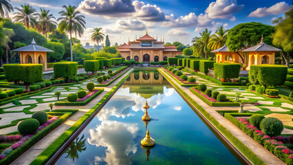 Obraz premium Tranquil oasis of an ancient civilization with grand palace, lush gardens