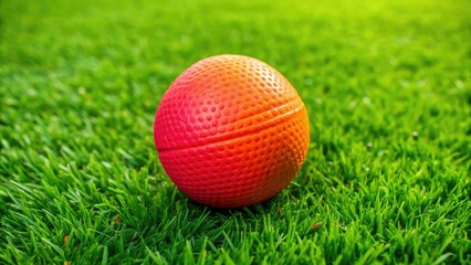Naklejka premium A bright lacrosse ball lies on a lush green field, poised for action in an exciting competitive sports atmosphere, ready to ignite the game.