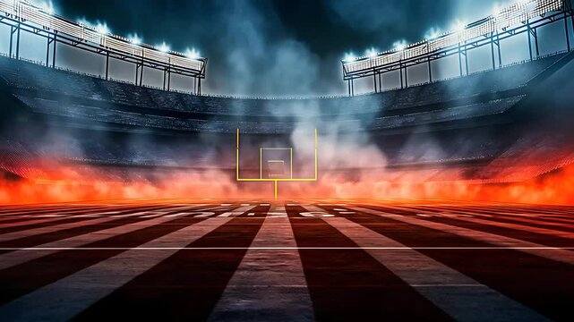 Football stadium with glowing lights and foggy atmosphere, symbolizing sports competition, intensity, and anticipation for game day events.

