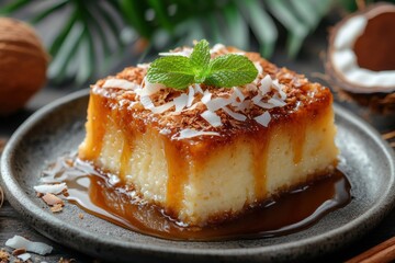 tasty coconut bread pudding with caramel sauce and shredded coconut a delectable dessert idea showcased on a banner