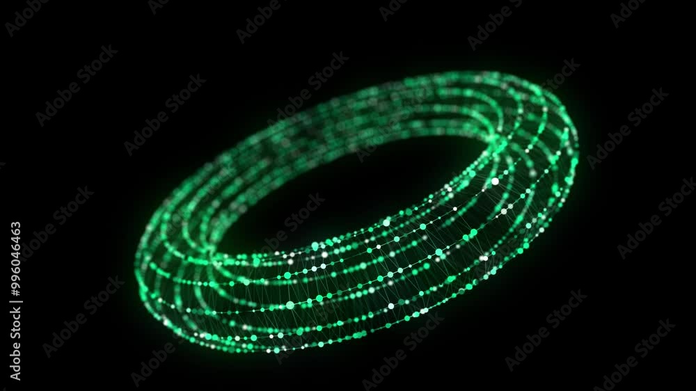 Poster abstract green torus on black background. wireframe circle structure with glowing particles and line