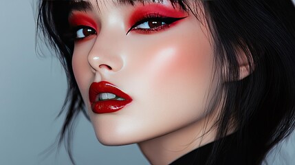Fototapeta premium A makeup look featuring red eyeshadow and lipstick, creating a bold and fierce aesthetic perfect for a night out