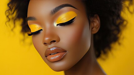 A makeup tutorial featuring bold yellow eyeshadow and a matching lip color, creating a sunny and energetic look