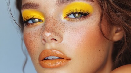 A makeup tutorial featuring bold yellow eyeshadow and a matching lip color, creating a sunny and energetic look