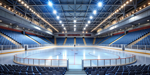 Naklejka premium Empty hockey ice rink surrounded by empty stadium seats, hockey, ice rink, sport, arena, empty, field, stadium, seats, rows