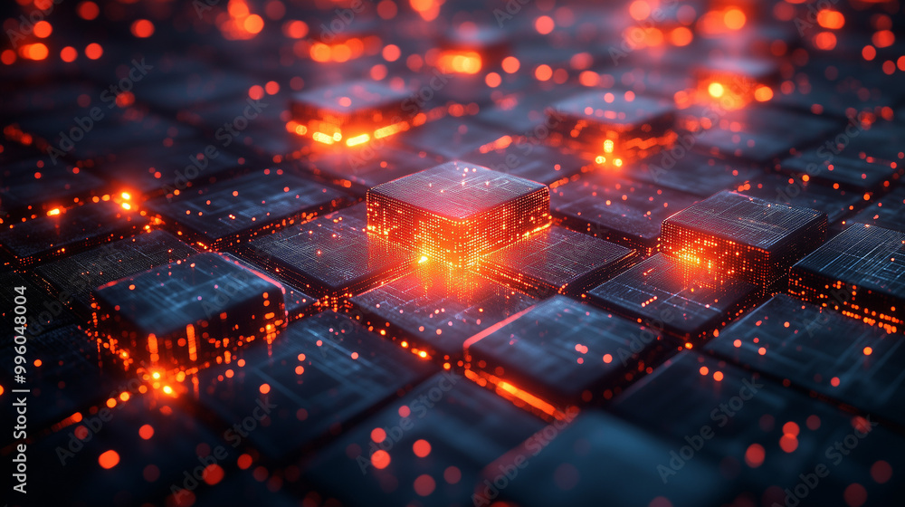 Poster a vibrant, glowing abstract scene featuring blocks illuminated by fiery sparks, creating a dynamic a
