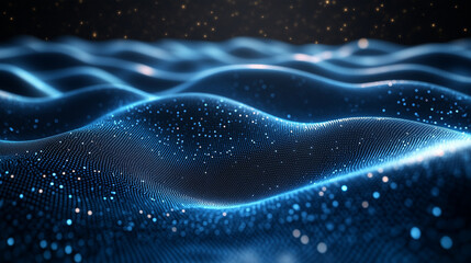 A mesmerizing digital landscape featuring flowing waves of blue light, adorned with sparkling particles against a dark background.