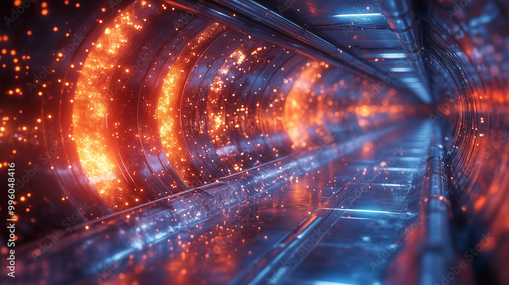 Poster a futuristic tunnel illuminated by vibrant blue and orange lights, featuring a sleek metallic struct