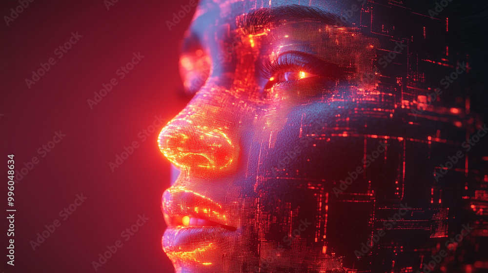 Poster an artistic representation of a face illuminated with glowing red circuits, blending human features 