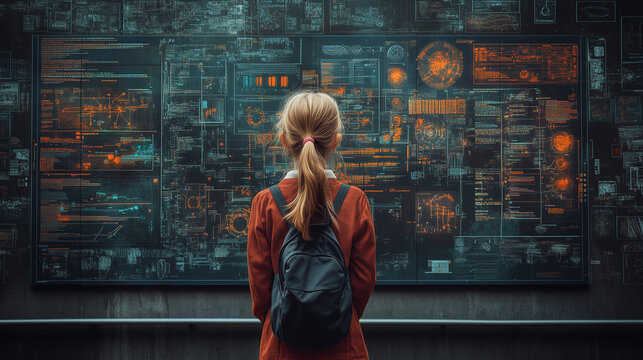 A young person examines a digital display filled with data and graphics, showcasing a futuristic technological environment.