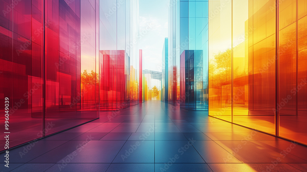 Aufkleber a vibrant urban scene featuring translucent colored panels reflecting light, creating a dynamic inte