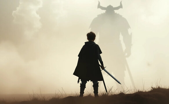 David and Goliath. Bible story of a young Shepherd boy defeating a giant Warrior with a simple pebble and slingshot. Victorious concept. Foggy cinematic background battlefield.