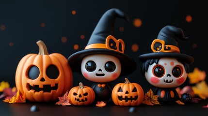 Whimsical Halloween Characters with Pumpkins and Witches in Festive Autumn Setting