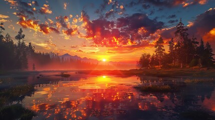 Obraz premium Majestic Sky over Wilderness at Sunset: A Spectacular Natural Scenery. Witness the Beauty and Serenity.