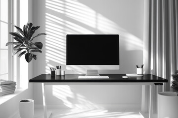Obraz premium a stylish black desk with minimalist design is featured in a monochrome interior banner, showcasing a modern home office with sleek decor