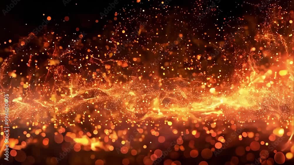 Poster an abstract portrayal of flames and glowing sparks, creating a dynamic, fiery atmosphere with vibran