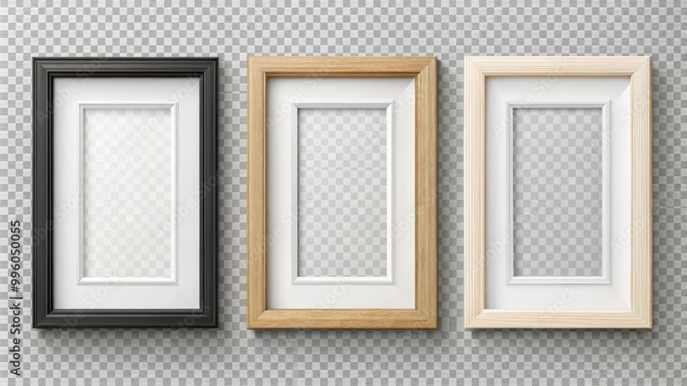 Wall mural three empty wooden picture frames are hanging on a wall, creating a stylish and minimalist look