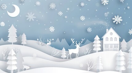 Elegant Paper Art Christmas Background with Falling Snowflakes, Houses, and Deer in Winter Landscape. Vector Illustration for New Year Card Template Design in White, Blue, and Pastel Colors.
