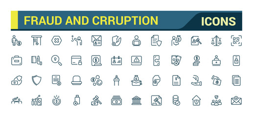 Fraud and crruption icon set. Money crime line icons. Phishing robbery, crime and tax offense line icons. Fraud and wallet cash.