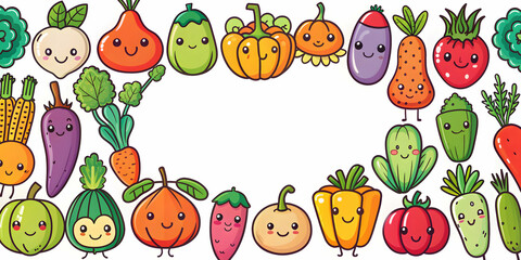 Fototapeta premium Cute doodle vegetable cartoon icons and objects, Vegetables, cute, doodle, cartoon, icons, objects,black and white, healthy