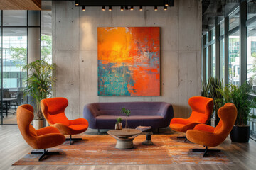 innovative office lobby with creative dcor and modern art, featuring workspace concept banner design