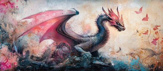 Whimsical dragon mural Contemporary fresco artwork Fantasy creature in surrealist style Stylish backdrop for interiors photo wallpaper cards and posters