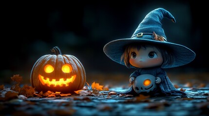 Whimsical Halloween Characters with Pumpkins and Witches in Festive Autumn Setting