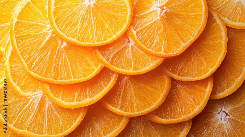 Poster a stack of orange slices arranged in a fan pattern, showing the juicy texture and vibrant color of t