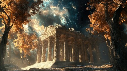 Surreal 3D rendered temple surrounded by trees in a cosmic setting