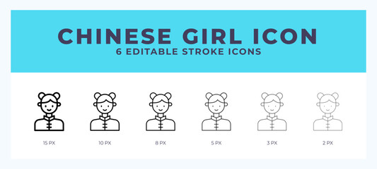 Chinese girl icon with different stroke. Editable stroke. Vector illustration.