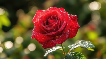 A stunning red rose in full bloom, with dewdrops glistening on its petals, symbolizing love and passion
