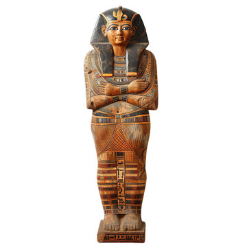 Ancient egyptian wooden sarcophagus standing upright and isolated on a white background