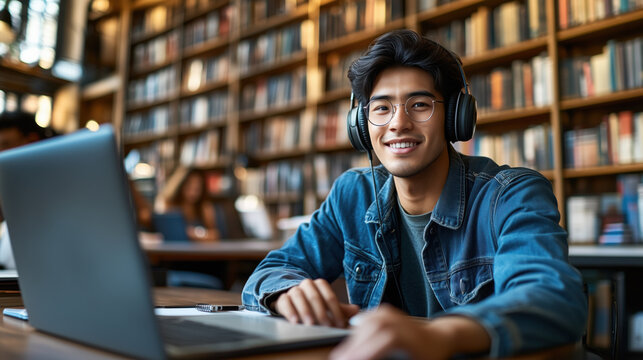 Smiling young man in headphones and glasses working on laptop in library - Powered by Adobe