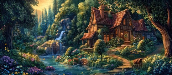 Enchanting fantasy realm Illustration of a whimsical fairy tale setting Suitable as a book cover for children backdrop for video games mural wallpaper decor or theatrical scenery 2d art