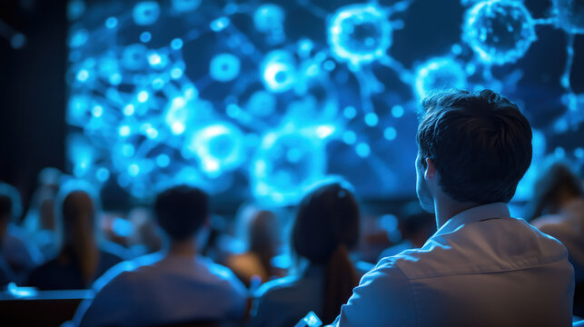 Engaged audience in seminar room watching scientific presentation