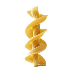 This is a close up image of a single strand of fusilli pasta, spiraling upward against a white background