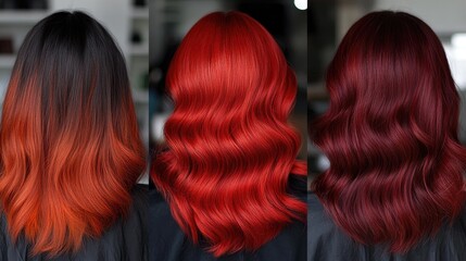 Fototapeta premium A vibrant red hair dye tutorial, showing the transformation process from dark hair to a striking, fiery red shade