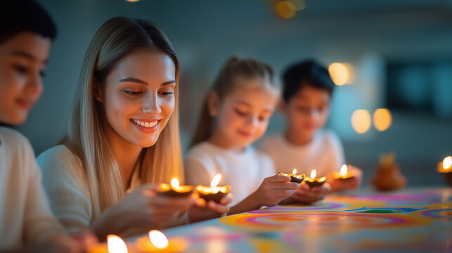 A diverse group of families from different cultural backgrounds lighting oil lamps (diyas) together as part of their Diwali celebration. The warm glow of the lamps illuminates thei