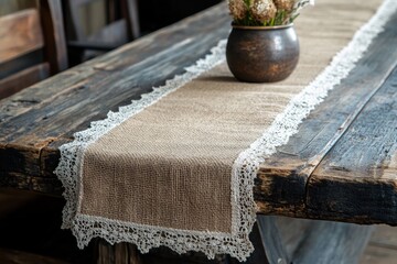 rustic burlap runner with lace trim, set on distressed table, exudes shabby chic charm for a cozy dining space