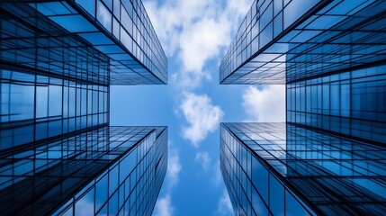  In the blue sky, four modern high-rise buildings stand together to form an angle of three, surrounded by clouds. The composition is symmetrical, with a wide-angle lens creating a bright light