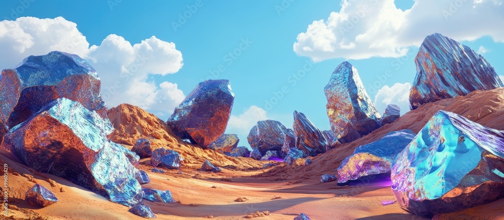 Poster 3d rendering of a fantastical landscape featuring metallic rock formations in a vivid and imaginativ