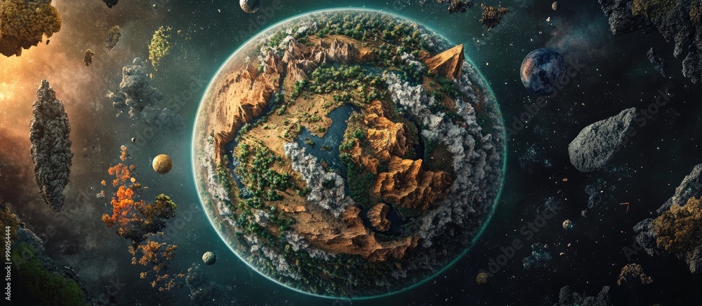 Poster 3d rendering of a spherical landscape featuring various terrains surrounding a central planet repres