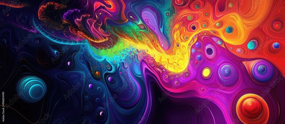 Poster abstract psychedelic artwork featuring a 3d rendered background in a vibrant and colorful design
