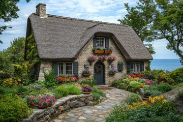 charming coastal exterior design featuring a thatched-roof beach cottage with blooming flower boxes for a quaint look