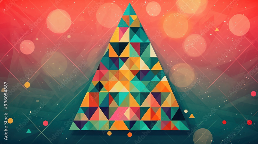 Wall mural Illustration of a christmas tree with geometric shapes on a colorful background