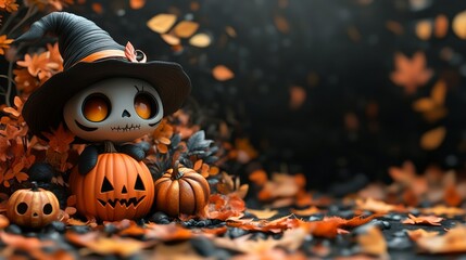 Naklejka premium Whimsical Halloween Characters with Pumpkins and Witches in Festive Autumn Setting