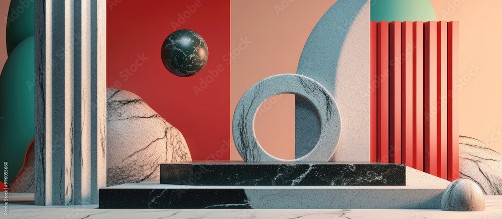 Poster surreal composition that blends geometric shapes with abstract forms